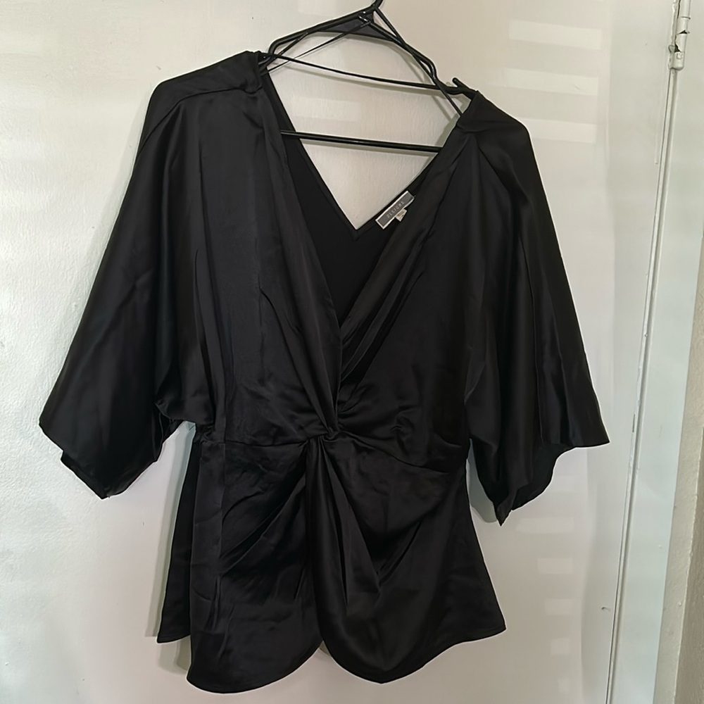 Medium black silk like v cut blouse